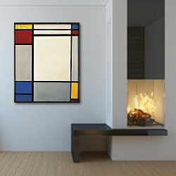 «Composition, 1931, by Piet Mondrian. Netherlands, 20th century.» в интерьере в стиле минимализм у камина «Composition, 1931, by Piet Mondrian. Netherlands, 20th century.» в интерьере в стиле минимализм у камина