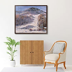 «Val d'Isere, Morning Light - First Lessons» в интерьере гостиной с розовым диваном «Val d'Isere, Morning Light - First Lessons» в интерьере гостиной с розовым диваном