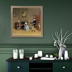 «John Orde, with his wife Anne, and his eldest Son, William, of Morpeth, Northumberland, c.1754-56» в интерьере прихожей в зеленых тонах над комодом «John Orde, with his wife Anne, and his eldest Son, William, of Morpeth, Northumberland, c.1754-56» в интерьере прихожей в зеленых тонах над комодом