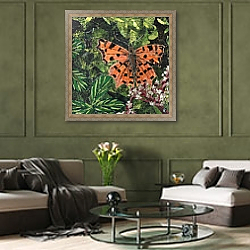 «Flutter - Comma Butterfly On Japonica» в интерьере гостиной в оливковых тонах «Flutter - Comma Butterfly On Japonica» в интерьере гостиной в оливковых тонах