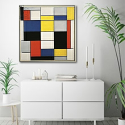 «Large Composition with Black, Red, Grey, Yellow and Blue, 1919-1920» в интерьере светлой минималистичной гостиной над комодом «Large Composition with Black, Red, Grey, Yellow and Blue, 1919-1920» в интерьере светлой минималистичной гостиной над комодом
