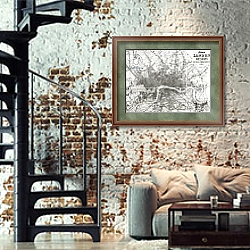 «Map of Modern London and its Environs, 1854» в интерьере двухярусной гостиной в стиле лофт с кирпичной стеной «Map of Modern London and its Environs, 1854» в интерьере двухярусной гостиной в стиле лофт с кирпичной стеной