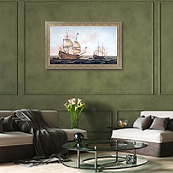 «French man-of-war escorted by a Dutch ship in quiet water» в интерьере гостиной в оливковых тонах «French man-of-war escorted by a Dutch ship in quiet water» в интерьере гостиной в оливковых тонах