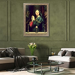 «The Virgin with the Host, 1841» в интерьере гостиной в оливковых тонах «The Virgin with the Host, 1841» в интерьере гостиной в оливковых тонах