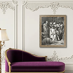 «The Crown of Thorns, illustration from Dore's 'The Holy Bible', engraved by Pannemaker, 1866» в интерьере в классическом стиле над банкеткой «The Crown of Thorns, illustration from Dore's 'The Holy Bible', engraved by Pannemaker, 1866» в интерьере в классическом стиле над банкеткой