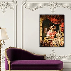 «Girl holding a doll in an interior with a maid sweeping behind» в интерьере классической спальни с темными стенами «Girl holding a doll in an interior with a maid sweeping behind» в интерьере классической спальни с темными стенами