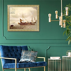 «Shipping Scene, 17th century» в интерьере в классическом стиле с зеленой стеной «Shipping Scene, 17th century» в интерьере в классическом стиле с зеленой стеной