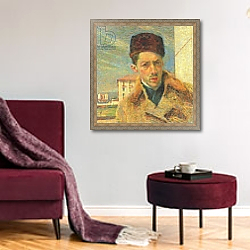 «Self Portrait, 1908 2» в интерьере гостиной в бордовых тонах «Self Portrait, 1908 2» в интерьере гостиной в бордовых тонах