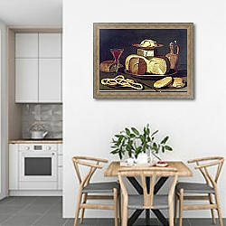 «Still Life with bread, cheese, wine and pretzels» в интерьере кухни в светлых тонах над обеденным столом «Still Life with bread, cheese, wine and pretzels» в интерьере кухни в светлых тонах над обеденным столом