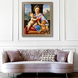 «The Aldobrandini Madonna or The Garvagh Madonna, c.1509-10» в интерьере спальни с акцентной стеной «The Aldobrandini Madonna or The Garvagh Madonna, c.1509-10» в интерьере спальни с акцентной стеной