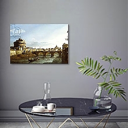«A View of Rome looking West, with Boats along the Tiber and the Castel Saint'Angelo in the distance,» в интерьере современной спальни с черной кроватью «A View of Rome looking West, with Boats along the Tiber and the Castel Saint'Angelo in the distance,» в интерьере современной спальни с черной кроватью