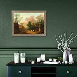«A Landscape with Figures, Farm Buildings and a Milkmaid, c.1754-6» в интерьере прихожей в зеленых тонах над комодом «A Landscape with Figures, Farm Buildings and a Milkmaid, c.1754-6» в интерьере прихожей в зеленых тонах над комодом