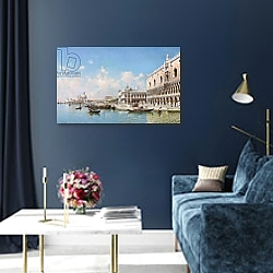«The Doge's Palace and Santa Maria della Salute, 1896» в интерьере гостиной в зеленых тонах «The Doge's Palace and Santa Maria della Salute, 1896» в интерьере гостиной в зеленых тонах