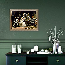 «Las Meninas, detail of the lower half depicting the family of Philip IV of Spain, 1656» в интерьере прихожей в зеленых тонах над комодом «Las Meninas, detail of the lower half depicting the family of Philip IV of Spain, 1656» в интерьере прихожей в зеленых тонах над комодом
