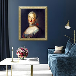 «Portrait of Grand Duchess Catherine Alekseevna, future Empress Catherine II the Great, c.1760» в интерьере классической гостиной с зеленой стеной над диваном «Portrait of Grand Duchess Catherine Alekseevna, future Empress Catherine II the Great, c.1760» в интерьере классической гостиной с зеленой стеной над диваном