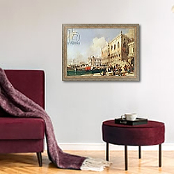 «View of Venice. The Riva degli Schiavoni and the Doge's Palace» в интерьере классической гостиной с зеленой стеной над диваном «View of Venice. The Riva degli Schiavoni and the Doge's Palace» в интерьере классической гостиной с зеленой стеной над диваном