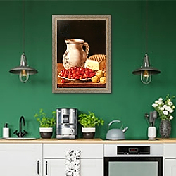 «Still Life with cherries, cheese and greengages» в интерьере кухни с зелеными стенами «Still Life with cherries, cheese and greengages» в интерьере кухни с зелеными стенами