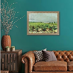 «Celeyran, View of the Vineyard, 1880» в интерьере гостиной с зеленой стеной над диваном «Celeyran, View of the Vineyard, 1880» в интерьере гостиной с зеленой стеной над диваном