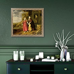 «The Expulsion of Hagar and Ishmael, c.1644» в интерьере прихожей в зеленых тонах над комодом «The Expulsion of Hagar and Ishmael, c.1644» в интерьере прихожей в зеленых тонах над комодом