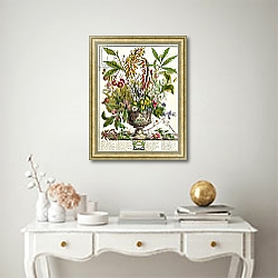 «January, from `Twelve Months of Flowers', by Robert Furber engraved by Henry Fletcher» в интерьере в классическом стиле над столом «January, from `Twelve Months of Flowers', by Robert Furber engraved by Henry Fletcher» в интерьере в классическом стиле над столом