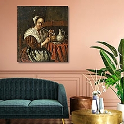 «A woman smoking a pipe at a table» в интерьере прихожей в зеленых тонах над комодом «A woman smoking a pipe at a table» в интерьере прихожей в зеленых тонах над комодом