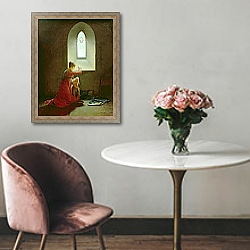 «Genevieve of Brabant Baptising her Son in Prison» в интерьере гостиной с зеленой стеной над диваном «Genevieve of Brabant Baptising her Son in Prison» в интерьере гостиной с зеленой стеной над диваном