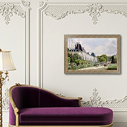 «View of the Garden Facade of the Chateau, from a collection of twelve 'Views of the Malmaison'» в интерьере гостиной с розовым диваном «View of the Garden Facade of the Chateau, from a collection of twelve 'Views of the Malmaison'» в интерьере гостиной с розовым диваном