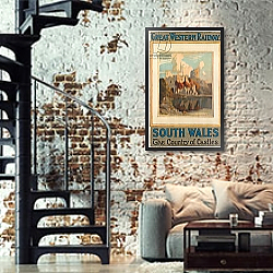 «'South Wales', poster advertising the Great Western Railway» в интерьере двухярусной гостиной в стиле лофт с кирпичной стеной «'South Wales', poster advertising the Great Western Railway» в интерьере двухярусной гостиной в стиле лофт с кирпичной стеной