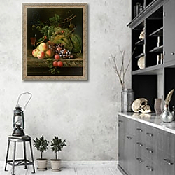 «Still life of fruit on a ledge with Parakeets» в интерьере современной кухни в серых тонах «Still life of fruit on a ledge with Parakeets» в интерьере современной кухни в серых тонах