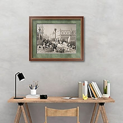 «Embarkation of the Doge, Venice, engraved by Challis» в интерьере кабинета с кирпичными стенами над столом «Embarkation of the Doge, Venice, engraved by Challis» в интерьере кабинета с кирпичными стенами над столом