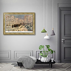 «The French Retreat from Moscow in October 1812, c.1888-95» в интерьере гостиной с зеленой стеной над диваном «The French Retreat from Moscow in October 1812, c.1888-95» в интерьере гостиной с зеленой стеной над диваном