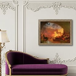 «The Great Fire of London, c.1797» в интерьере в классическом стиле над банкеткой «The Great Fire of London, c.1797» в интерьере в классическом стиле над банкеткой