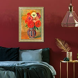 «Zinnias in a Striped Blue Vase» в интерьере спальни с акцентной стеной «Zinnias in a Striped Blue Vase» в интерьере спальни с акцентной стеной