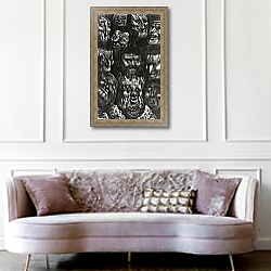 «Eleven grotesque faces from 'Les Contes Drolatiques' by Honore de Balzac engraved by Predhomme» в интерьере гостиной в классическом стиле над диваном «Eleven grotesque faces from 'Les Contes Drolatiques' by Honore de Balzac engraved by Predhomme» в интерьере гостиной в классическом стиле над диваном
