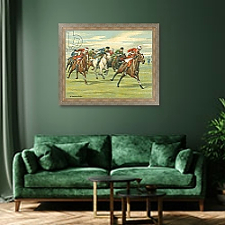 «Races Historic and Modern, Cossack Horse Races» в интерьере зеленой гостиной над диваном «Races Historic and Modern, Cossack Horse Races» в интерьере зеленой гостиной над диваном