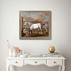 «The Duke of Hamilton's Grey Racehorse Victorious at Newmarket 1725» в интерьере гостиной в оливковых тонах «The Duke of Hamilton's Grey Racehorse Victorious at Newmarket 1725» в интерьере гостиной в оливковых тонах