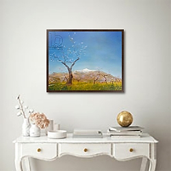 «Almond Blossom with Snow Capped Sierra Nevada Mountain, 2016» в интерьере прихожей в зеленых тонах над комодом «Almond Blossom with Snow Capped Sierra Nevada Mountain, 2016» в интерьере прихожей в зеленых тонах над комодом