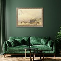 «Seascape with Sailing Barges and Figures Wading Off-Shore, 1832» в интерьере зеленой гостиной над диваном «Seascape with Sailing Barges and Figures Wading Off-Shore, 1832» в интерьере зеленой гостиной над диваном