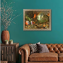 «Orpheus with a Harp Playing to Pluto and Persephone in the Underworld» в интерьере гостиной с зеленой стеной над диваном «Orpheus with a Harp Playing to Pluto and Persephone in the Underworld» в интерьере гостиной с зеленой стеной над диваном