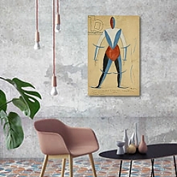 «Aviator, Costume design for the opera Victory over the sun by Aleksei Kruchenykh, 1913» в интерьере кабинета в стиле лофт над столом «Aviator, Costume design for the opera Victory over the sun by Aleksei Kruchenykh, 1913» в интерьере кабинета в стиле лофт над столом
