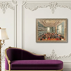 «Concert given by the girls of the hospital music societies in the Procuratie, Venice» в интерьере классической спальни с темными стенами «Concert given by the girls of the hospital music societies in the Procuratie, Venice» в интерьере классической спальни с темными стенами