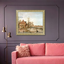 «Winter Landscape, 1623» в интерьере гостиной с розовым диваном «Winter Landscape, 1623» в интерьере гостиной с розовым диваном