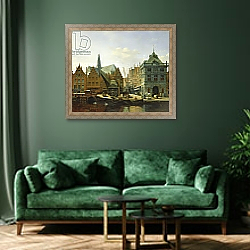 «View of the Spaarne at Haarlem, 1667» в интерьере зеленой гостиной над диваном «View of the Spaarne at Haarlem, 1667» в интерьере зеленой гостиной над диваном