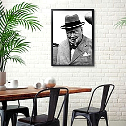 «История в черно-белых фото 475» в интерьере столовой в скандинавском стиле с кирпичной стеной