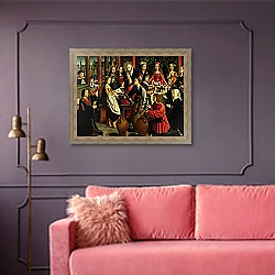 «The Marriage Feast at Cana, c.1500-03» в интерьере гостиной с розовым диваном «The Marriage Feast at Cana, c.1500-03» в интерьере гостиной с розовым диваном