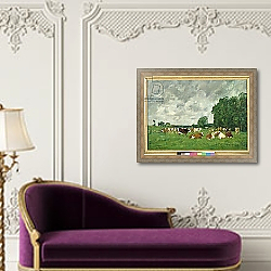 «Pasture in Fervaques or, Cows in a Pasture, 1874» в интерьере в классическом стиле над банкеткой «Pasture in Fervaques or, Cows in a Pasture, 1874» в интерьере в классическом стиле над банкеткой