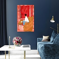 «A man watching the city of snow from the living room,2017,» в интерьере гостиной в оливковых тонах «A man watching the city of snow from the living room,2017,» в интерьере гостиной в оливковых тонах