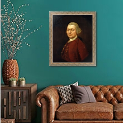 «Portrait of John Joshua Kirby c.1764» в интерьере гостиной с зеленой стеной над диваном «Portrait of John Joshua Kirby c.1764» в интерьере гостиной с зеленой стеной над диваном