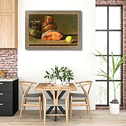 «Still Life with a Piece of Salmon, a Lemon and Kitchen Utensils» в интерьере кухни с кирпичными стенами над столом «Still Life with a Piece of Salmon, a Lemon and Kitchen Utensils» в интерьере кухни с кирпичными стенами над столом