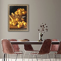 «Apples in a Basket, a Jar and Condiment Boxes on a Table,» в интерьере столовой с серыми стенами «Apples in a Basket, a Jar and Condiment Boxes on a Table,» в интерьере столовой с серыми стенами